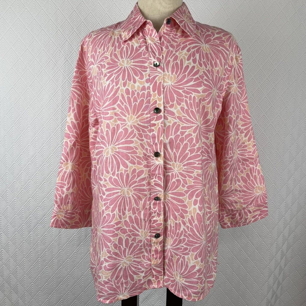 Sigrid Olsen Woman’s Tunic Shirt Coral Floral Button-Up 100% Linen Size Large